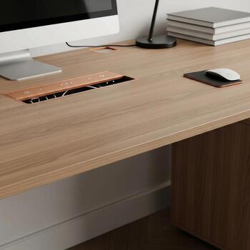 A desk with a computer, mouse and keyboard photo