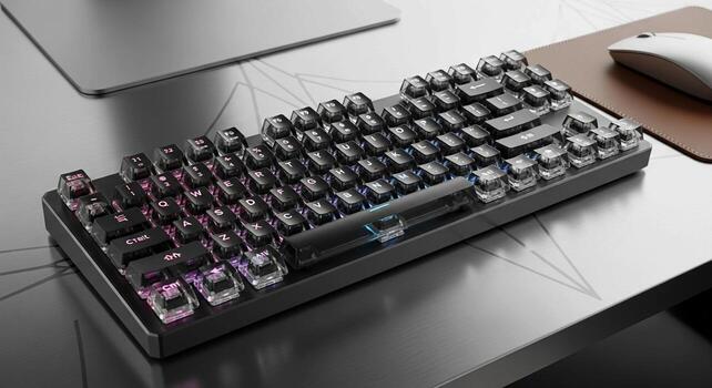 A computer keyboard with a mouse and mouse on top photo