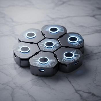 Hexagonal modular electronic devices with illuminated circular indicators arranged in a honeycomb pattern on a marbled surface photo