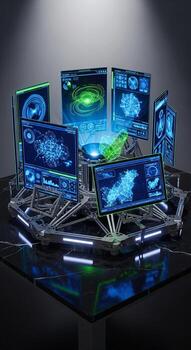 A table with several screens and a computer photo