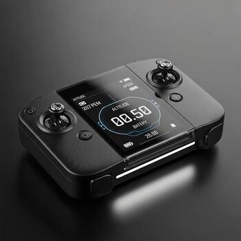 Modern black drone remote controller with digital display and joysticks on a dark reflective surface photo