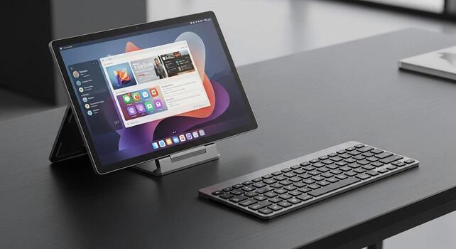 A desktop computer sitting on a desk with a keyboard photo
