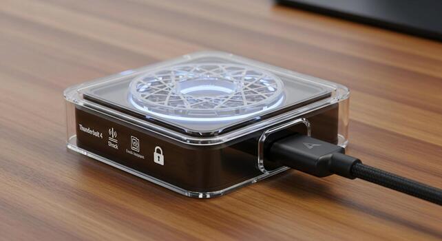 compacto frambuesa Pi computadora con claro caso y brillante ventilador se sienta en un de madera escritorio conectado por un negro cable foto