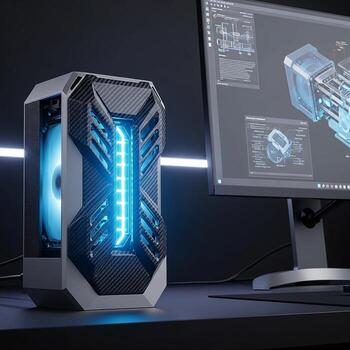 A computer with a blue light on it photo