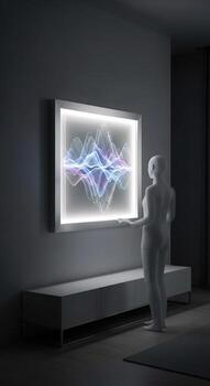 A man standing in front of a large screen with a sound wave photo