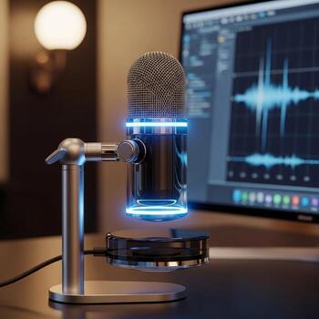 A microphone on a desk with a computer screen photo
