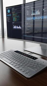 A computer monitor and keyboard sitting on a desk photo