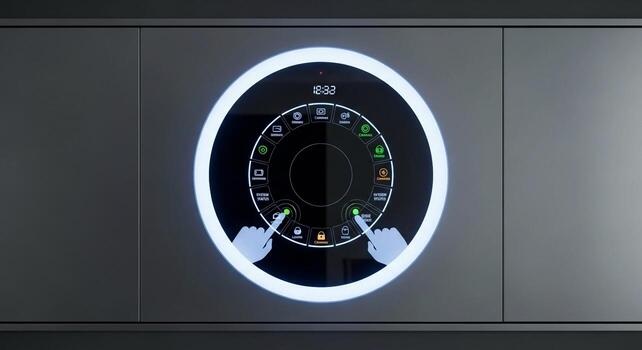 Modern oval digital display with illuminated ring and finger touch interface on a sleek gray panel photo