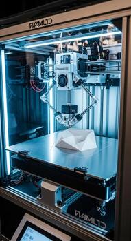 Advanced 3d printer in operation creating a white object on a heated build plate under blue lighting photo
