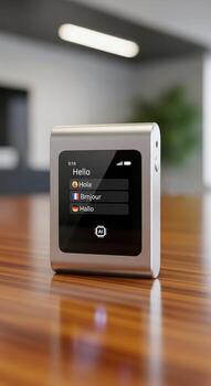 Compact portable axis network camera device displaying live feed on its screen resting on a polished wooden surface photo