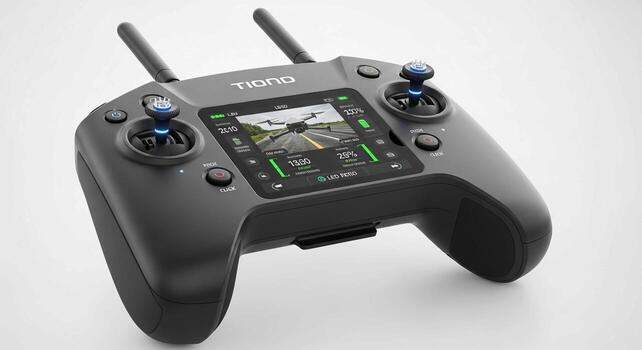 Modern drone remote controller with integrated screen and dual joysticks for precise aerial navigation and control photo