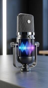 Modern retro inspired microphone with vibrant pulsing equalizer lights on a textured surface photo