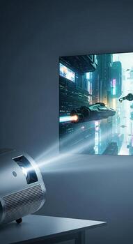 A projector is shown on a table with a screen behind it photo