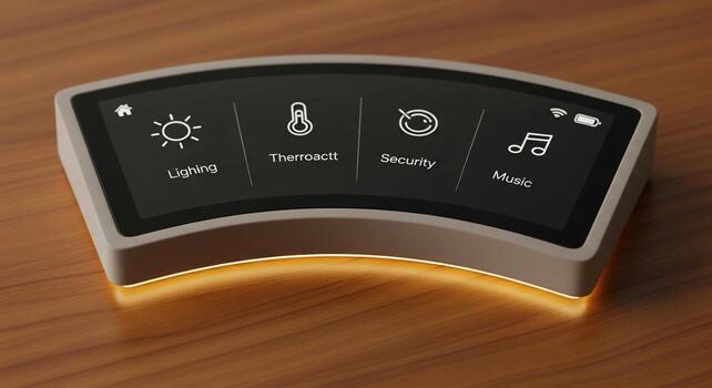 Modern curved smart home control panel with illuminated base and intuitive icon based interface photo