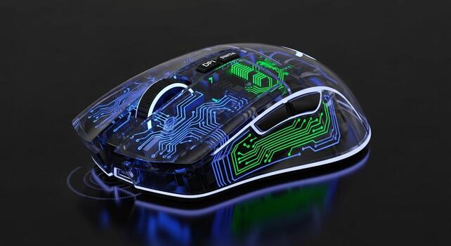 Transparent gaming computer mouse illuminated with blue and green led lights showcasing internal circuitry photo
