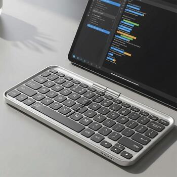 Sleek silver wireless keyboard rests on a desk next to a tablet displaying code perfect for modern workspaces photo