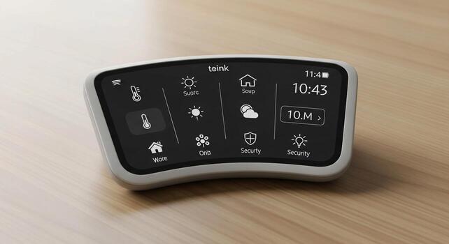 Modern smart home control panel displaying various household functions and time on a wooden surface photo