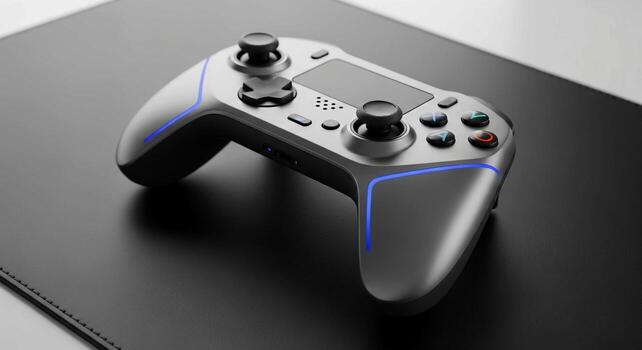 Modern silver gaming controller with illuminated accents rests on a dark textured surface showcasing advanced technology and sleek design photo