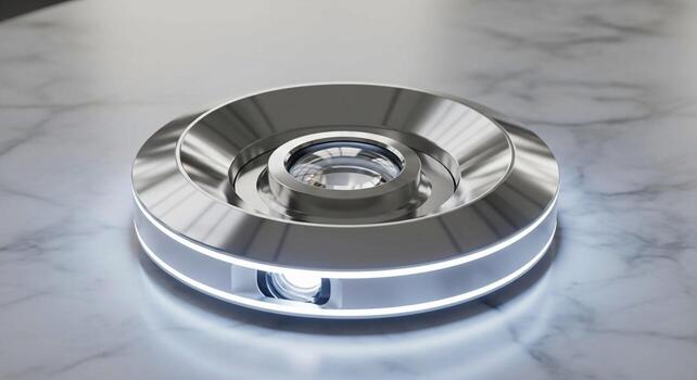 Sleek modern chrome humidifier with a circular design and subtle led lighting on a marbled surface photo