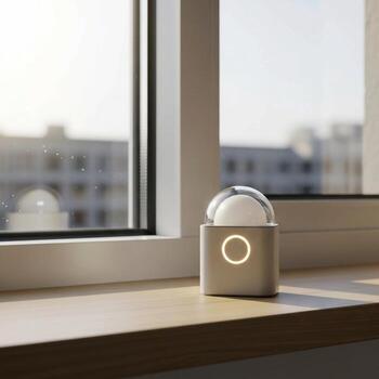 moderno inteligente hogar dispositivo con un circular iluminado indicador se sienta en un antepecho con un borroso urbano antecedentes foto