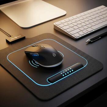 Modern wireless computer mouse and keyboard setup on a sleek desk with ambient lighting photo