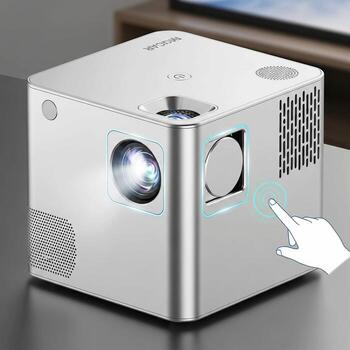 Compact white cube projector with touch controls for home entertainment and presentations photo
