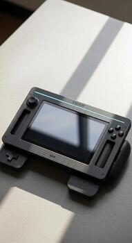 Modern portable gaming device with a large touchscreen and ergonomic controls resting on a light colored surface photo