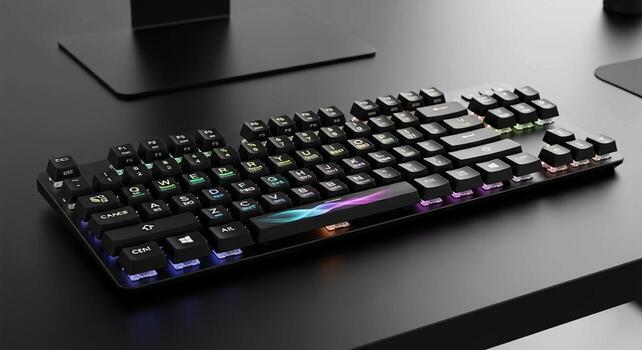 High performance mechanical gaming keyboard with vibrant customizable rgb lighting on a dark desk surface photo
