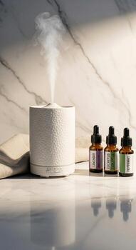 un blanco difusor con Tres botellas de esencial aceites foto