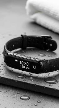 Sleek black fitness tracker displaying time and steps rests on a wet surface next to a folded towel photo