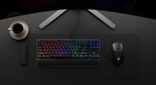 A computer keyboard and mouse on a desk photo