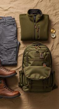 A backpack, shoes, and other items laid out on a table photo