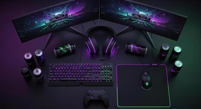 A gaming computer with a mouse and keyboard on a black surface photo