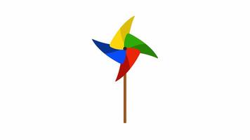 Colorful Pinwheel Toy Rotating Animation. A pinwheel toy smoothly spins, pauses gently for a moment, and then starts rotating again in a seamless loop with alpha channel on transparent background. video