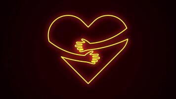 neon animering av händer kramas en hjärta. de tecken flimrar med en realistisk blinkning ljus effekt, skapande de intryck av en livlig neon installation. video