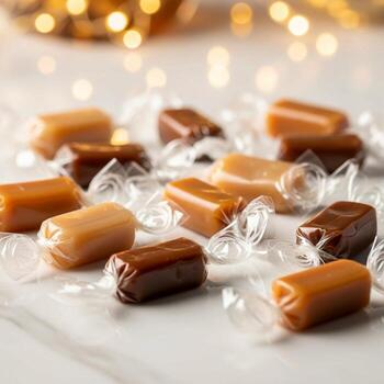 Assortment of individually wrapped caramels in various shades of brown presented on a textured surface with soft bokeh lights in the background photo