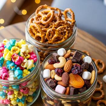 Three jars filled with different types of snacks photo
