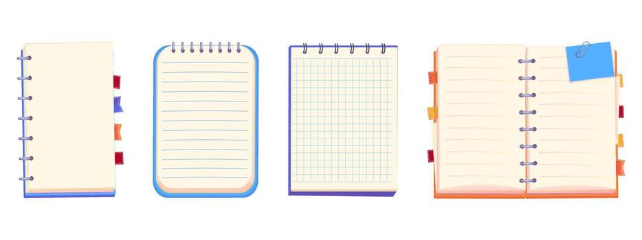 Notes sheet, set pages. bulletin paper, lined list set, notebook office or school blank notebook for homework and exercises. Sticky stickers reminders, notebook clippings, stationery, planner, vector