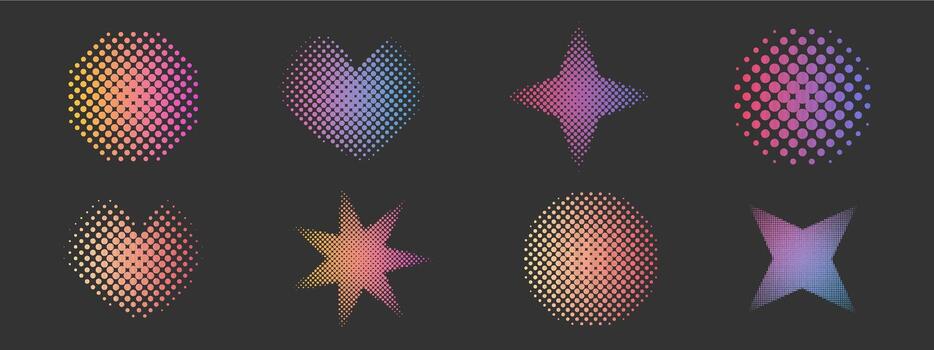 trama de semitonos geométrico conjunto punteado y2k de moda decoración. degradado retro píxel, grano efecto. popular Arte estilo punteado corazones, aislado en blanco vector