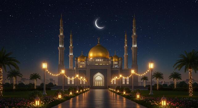 Majestic Mosque at Night Ramadan Nightscape Image photo