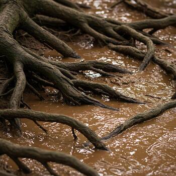 Tree Roots Spreading Across Muddy Water Surface with Visible Textures photo