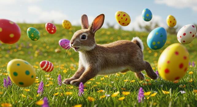 Rabbit Running in Field with Floating Easter Eggs in Spring photo