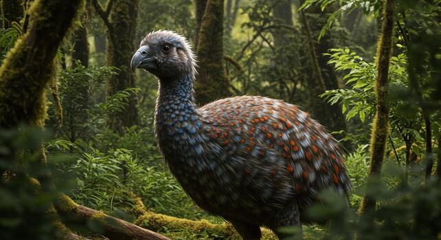 Standing Moa Bird in Forest Setting with Interesting Feather Patterns photo