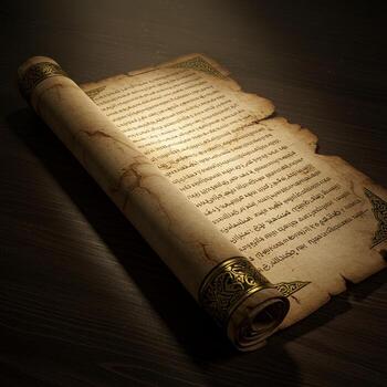 Ancient Scroll with Calligraphy Unrolled on Wood Table Background photo