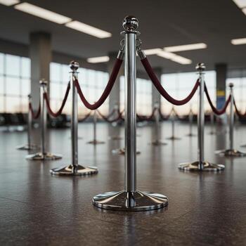 Queue Barriers with Red Rope Lines Inside Modern Building Architecture photo
