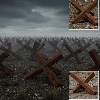 Rusty Anti-tank Obstacles Under a Stormy Sky Military Defense Concept photo