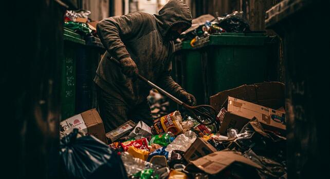 Worker Sorting Through Trash in Dumpster with Rake for Recycling photo