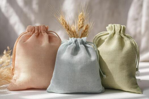 Three pastel-colored drawstring bags, light and airy, with wheat stalks photo
