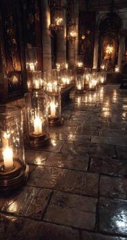 Candles illuminate a cathedral aisle photo