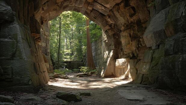 Sunlit archway through ancient stone walls leading to a lush forest photo